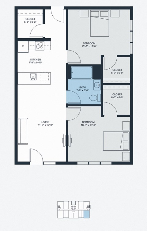 Floor plan for 2 beds, 2 baths, 917 sqft